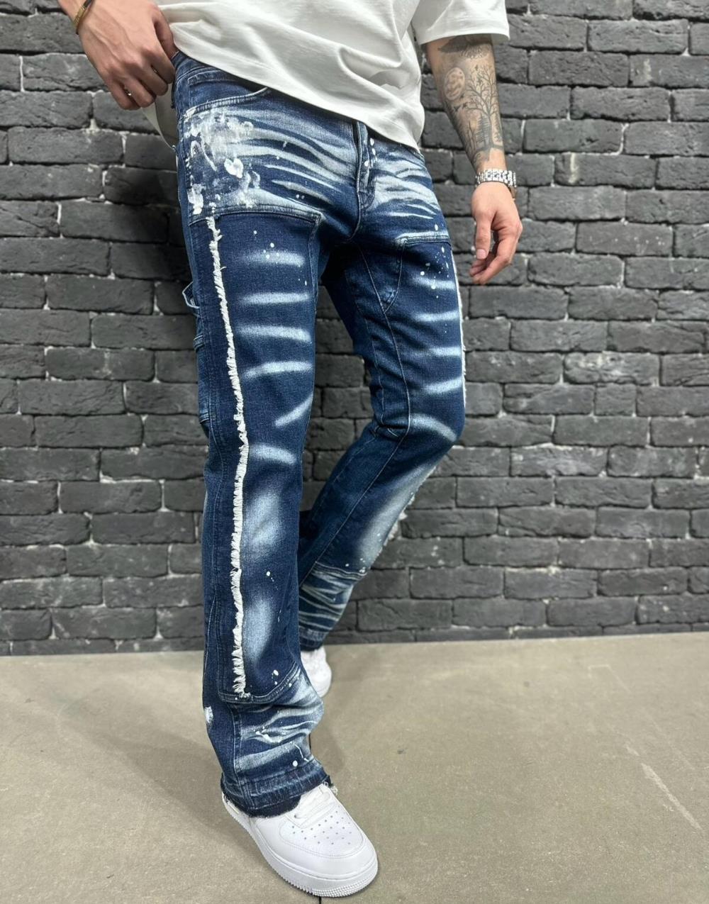 Premium Mens Distressed Patchwork Splash Baggy Jeans - STREETMODE ™