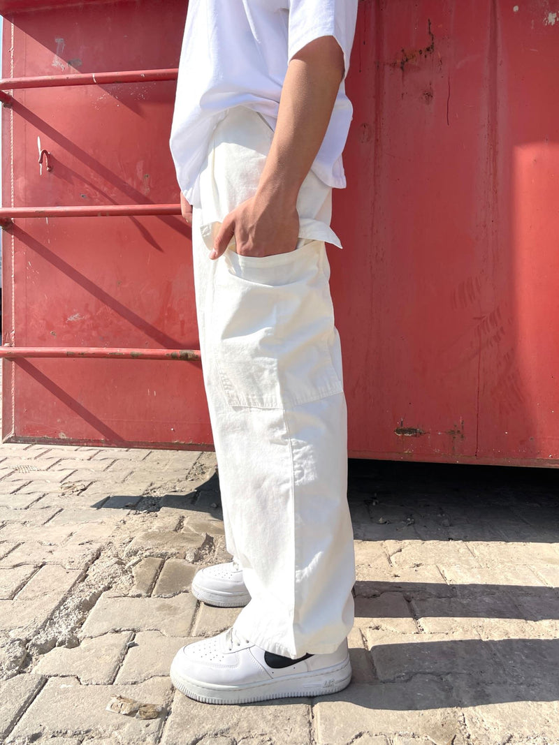 Men's Premium Cargo Gabardine Trousers Off White - STREETMODE ™