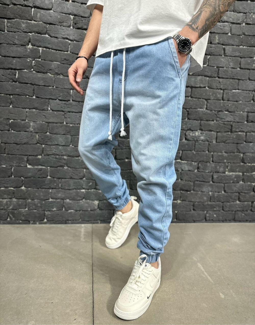 Premium Elastic Waist Cuff Ice Blue Men's Jeans - STREETMODE ™