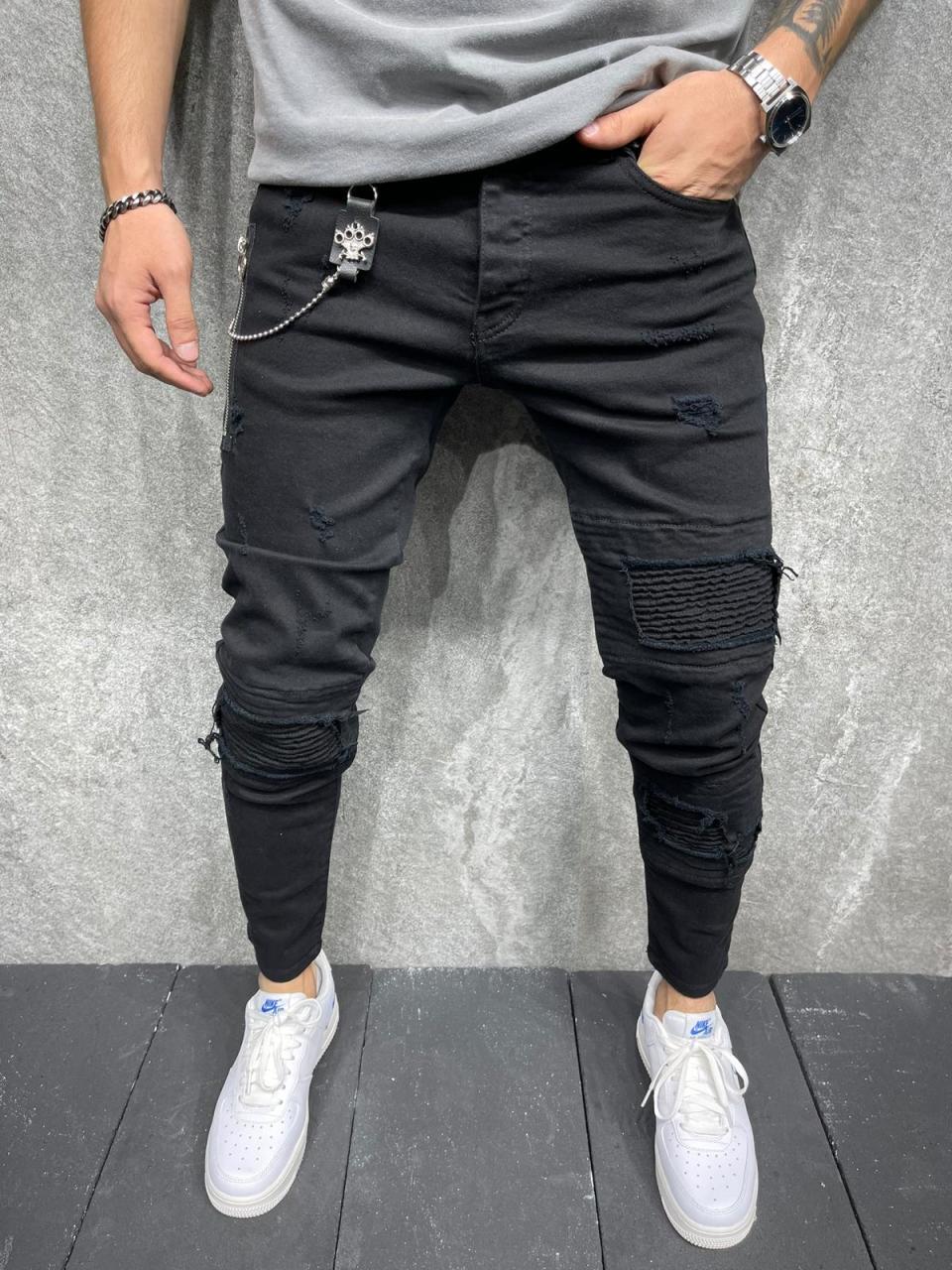 Premium Rail Pattern Chain Men's Jeans Black - STREETMODE ™