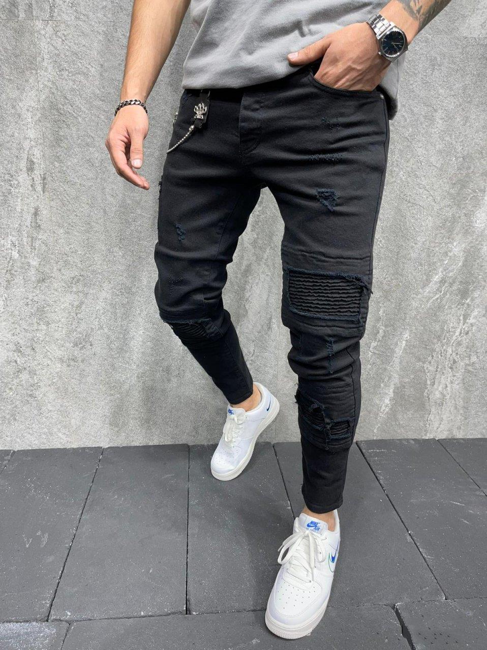 Premium Rail Pattern Chain Men's Jeans Black - STREETMODE ™