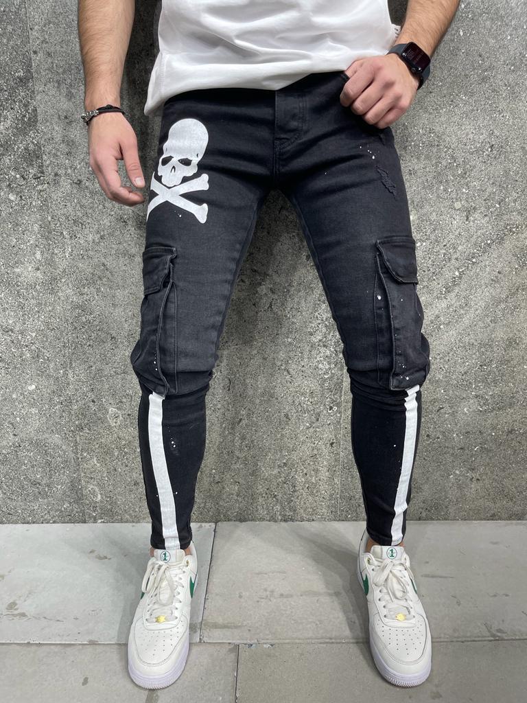 Premium Skull Line bedruckte Slim Fit Denim Jeans Schwarz