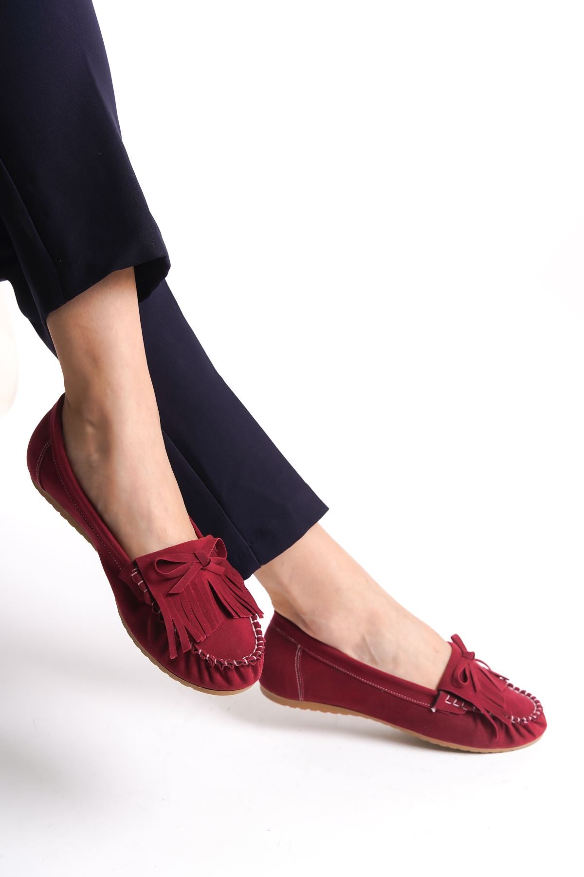 Claret Red Suede Tasseled Casual Women's Ballerinas