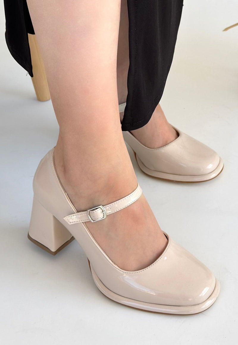 Women's Beige Patent Leather High Heel Shoes - STREETMODE ™