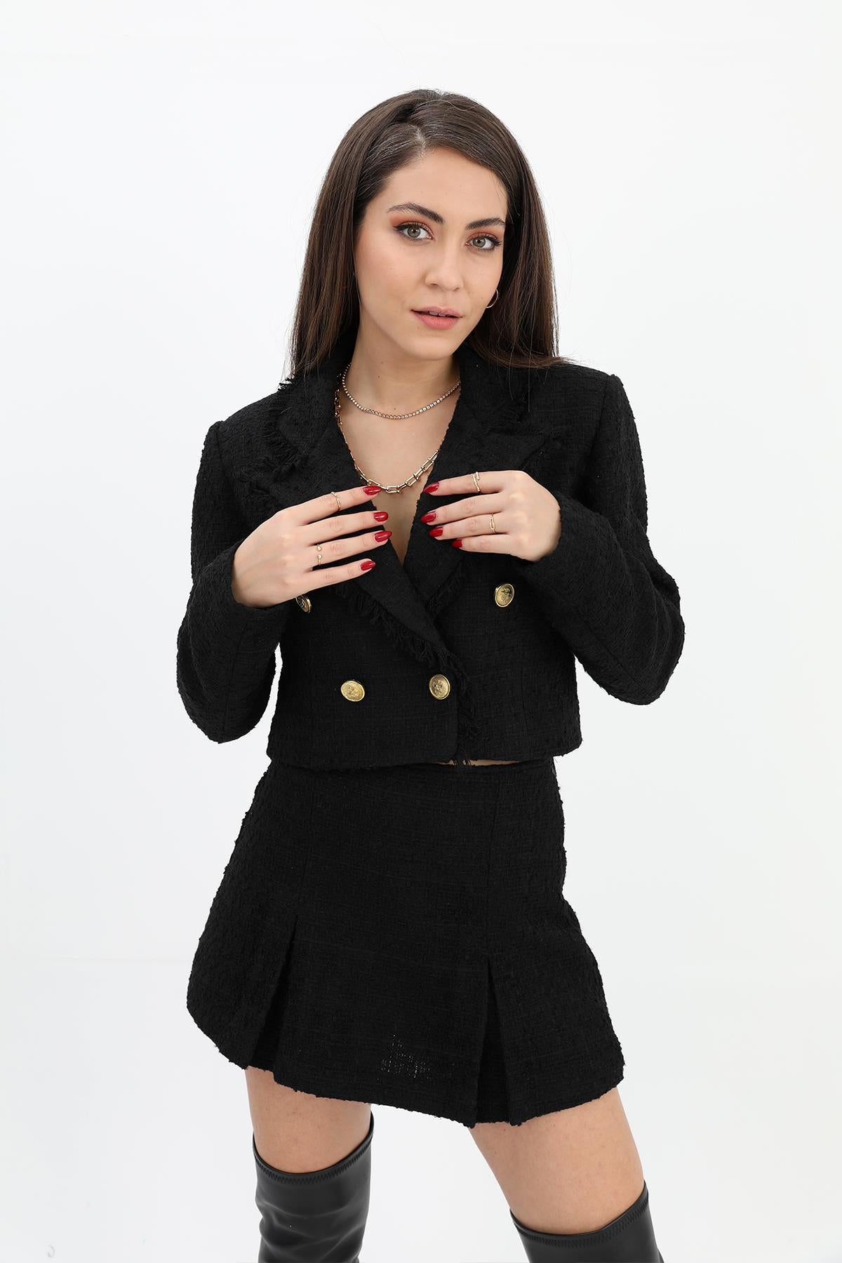 Women's Tassel Detailed Double Breasted Neck Chanel Short Jacket - Black - STREETMODE ™