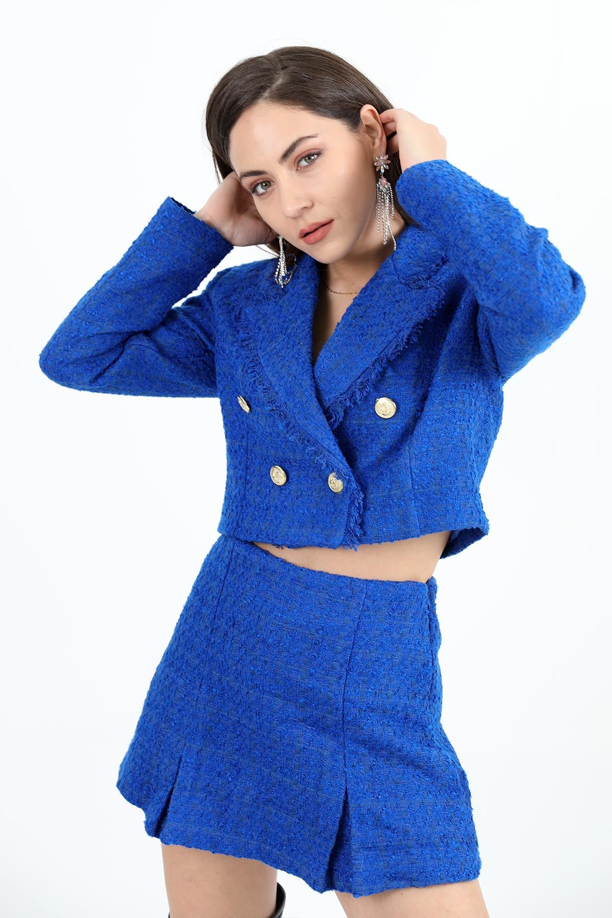 Women's Tassel Detailed Double Breasted Collar Chanel Short Jacket - Saks Blue - STREETMODE ™