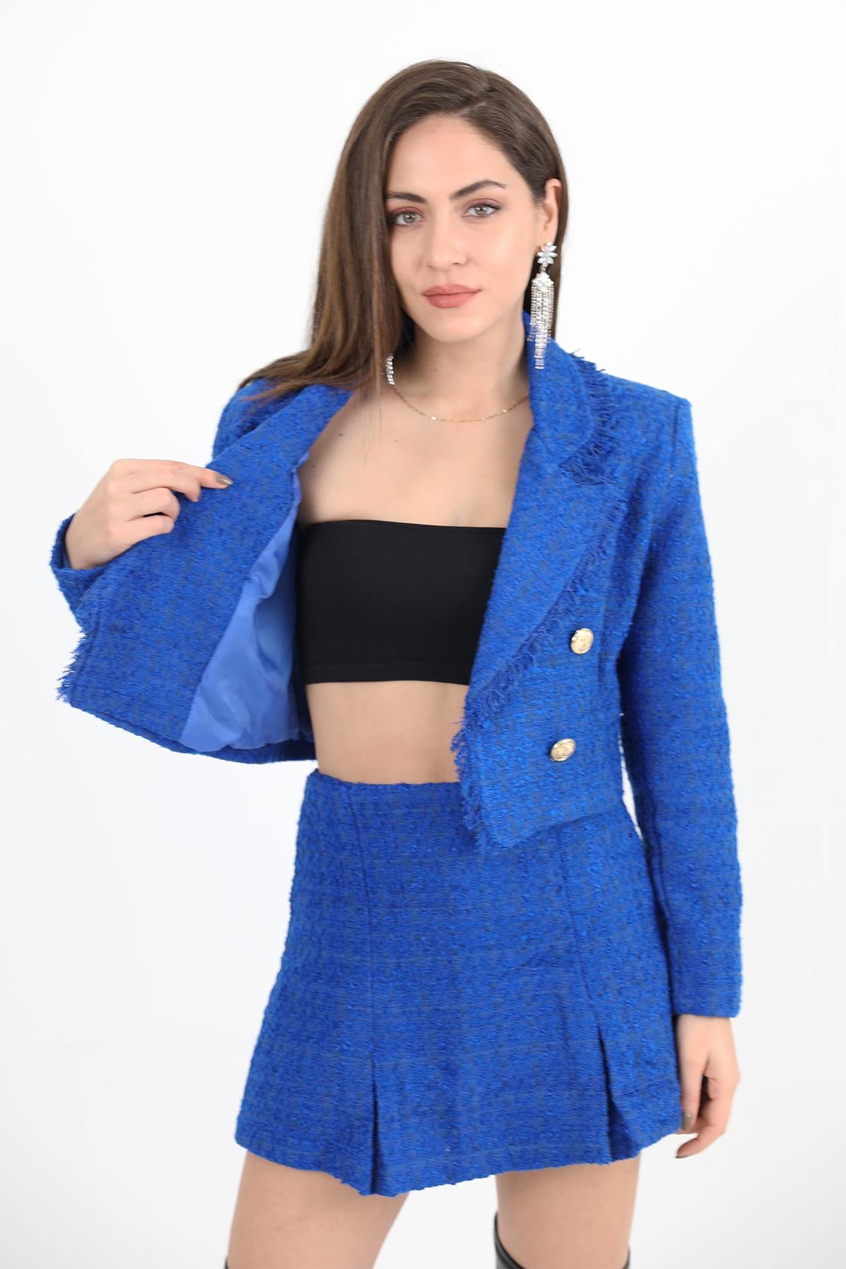 Women's Tassel Detailed Double Breasted Collar Chanel Short Jacket - Saks Blue - STREETMODE ™