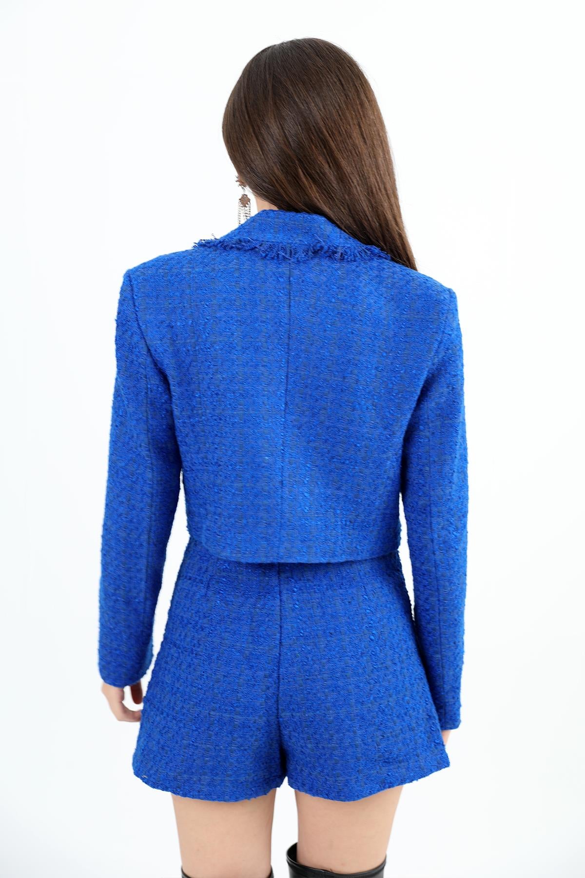 Women's Tassel Detailed Double Breasted Collar Chanel Short Jacket - Saks Blue - STREETMODE ™