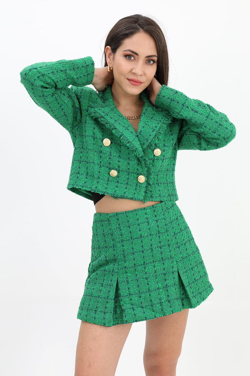 Women's Tassel Detailed Double Breasted Collar Chanel Short Jacket - Green - STREETMODE ™