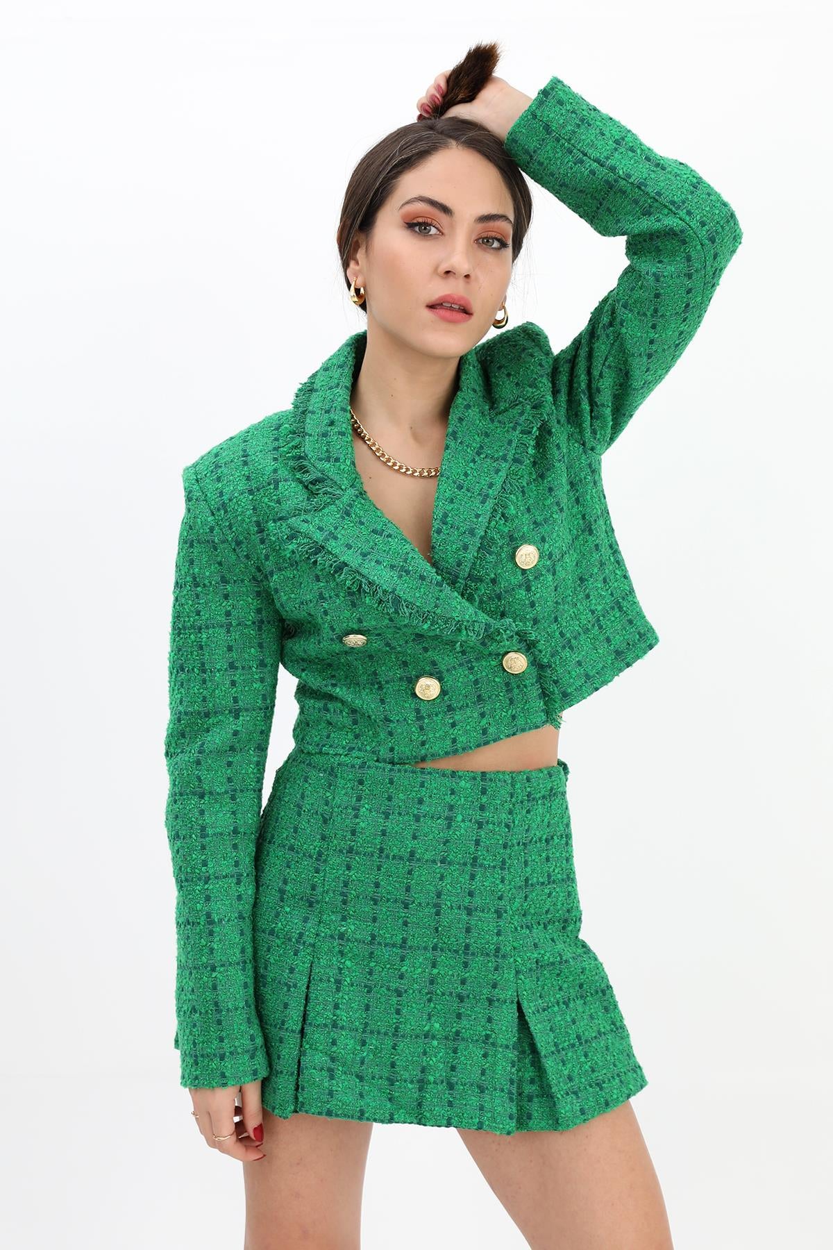 Women's Tassel Detailed Double Breasted Collar Chanel Short Jacket - Green - STREETMODE ™