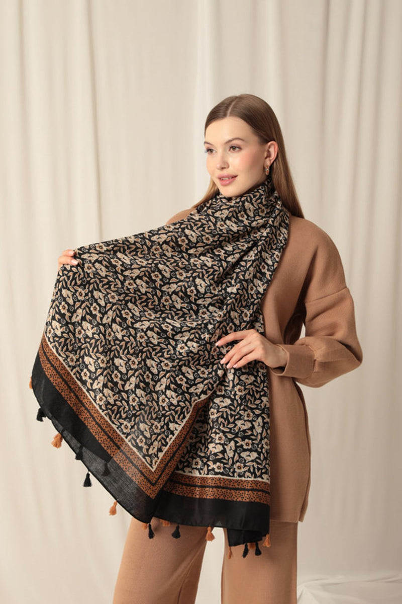 Tasseled Leaf Patterned Women's Black Shawl - STREETMODE ™