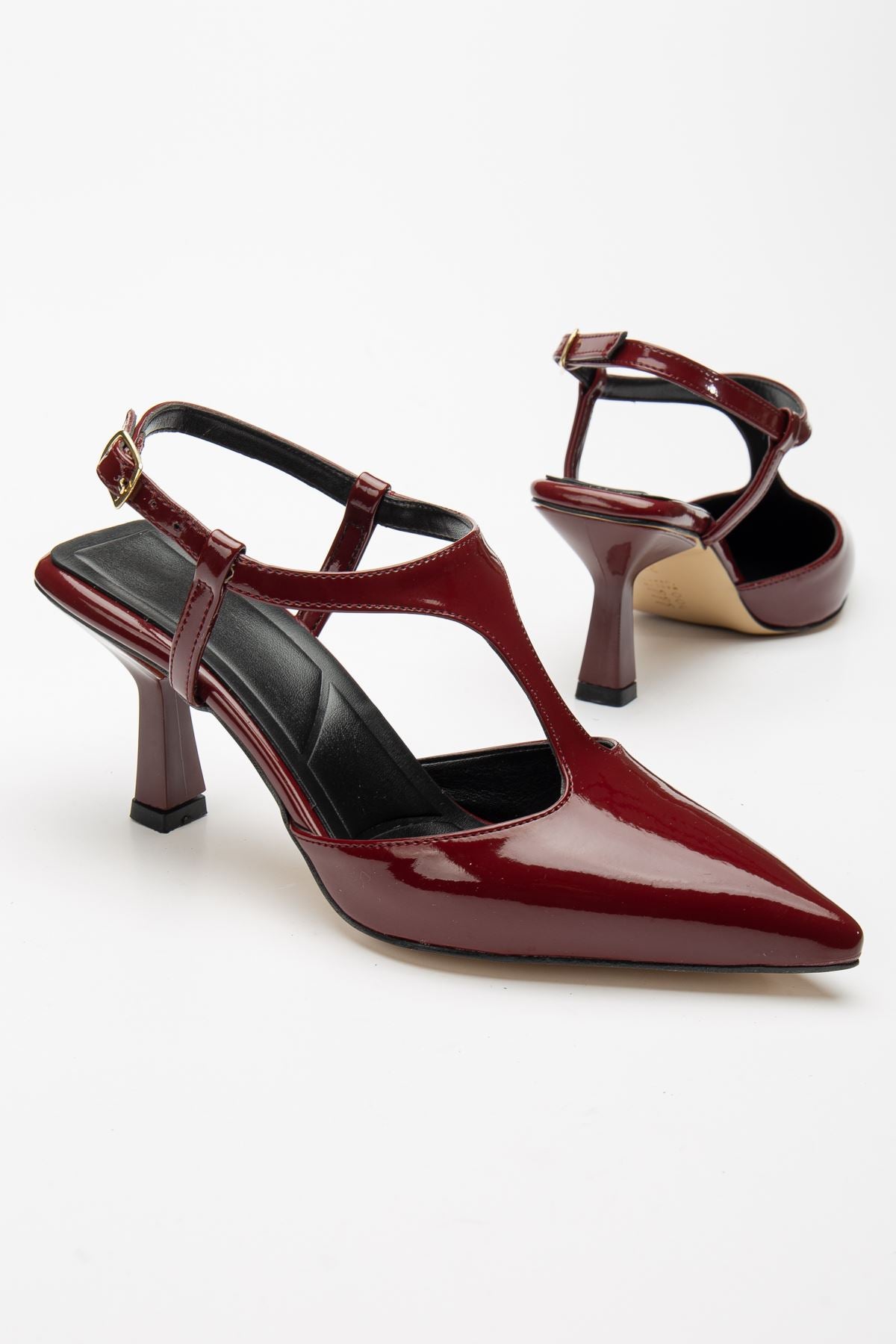 Women's Burgundy Patent Leather Slingback Stylish High Heel Shoes with Side Gold Buckle