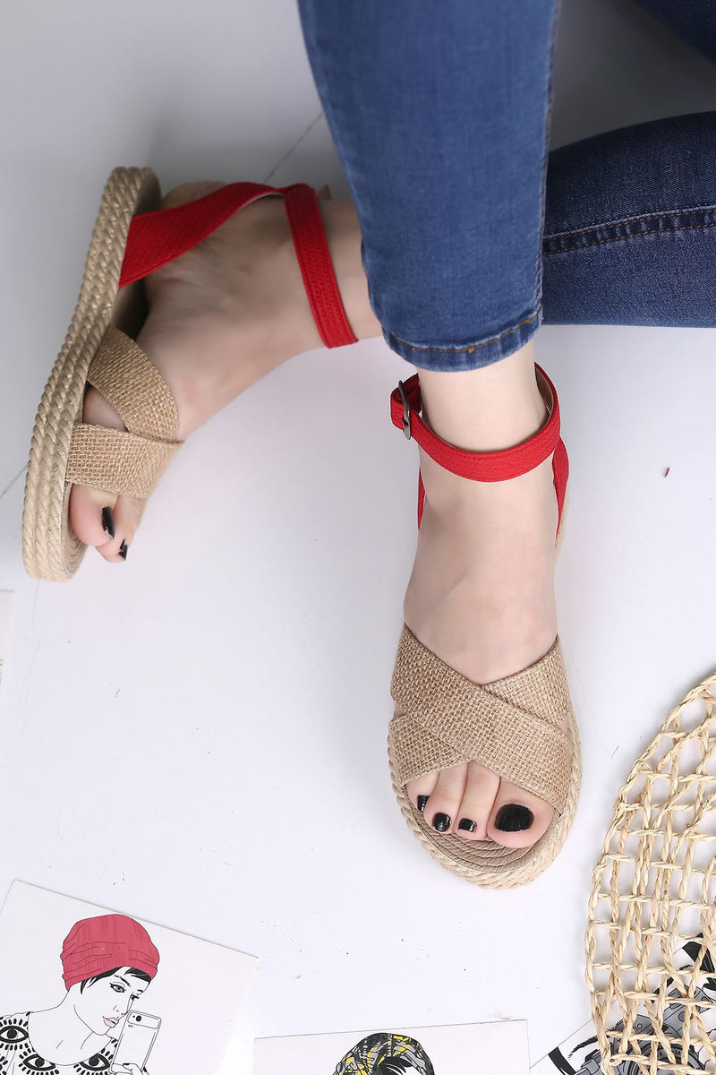 Women's Rashti Linen Red Sandals - STREETMODE ™