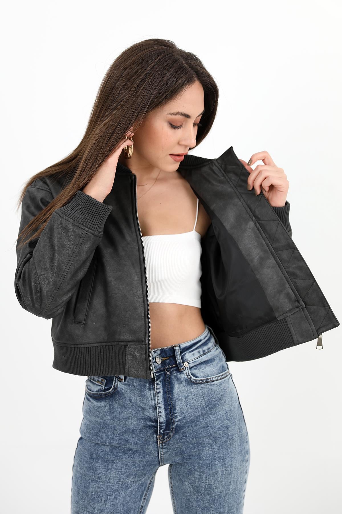 Women's Ribbed Tumbled Leather Coat - Black - STREETMODE ™