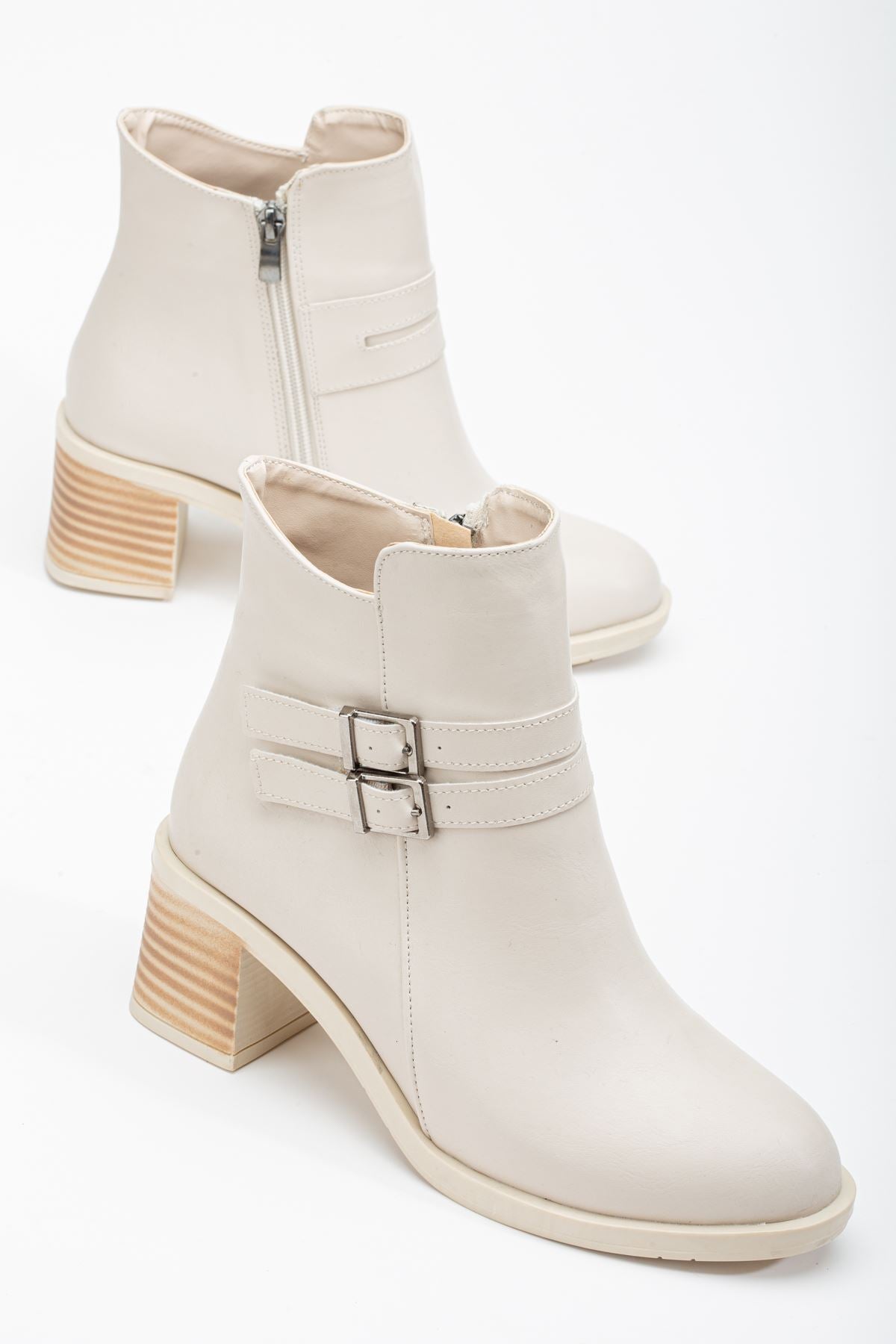 Beige Buckled Heeled Women's Boots