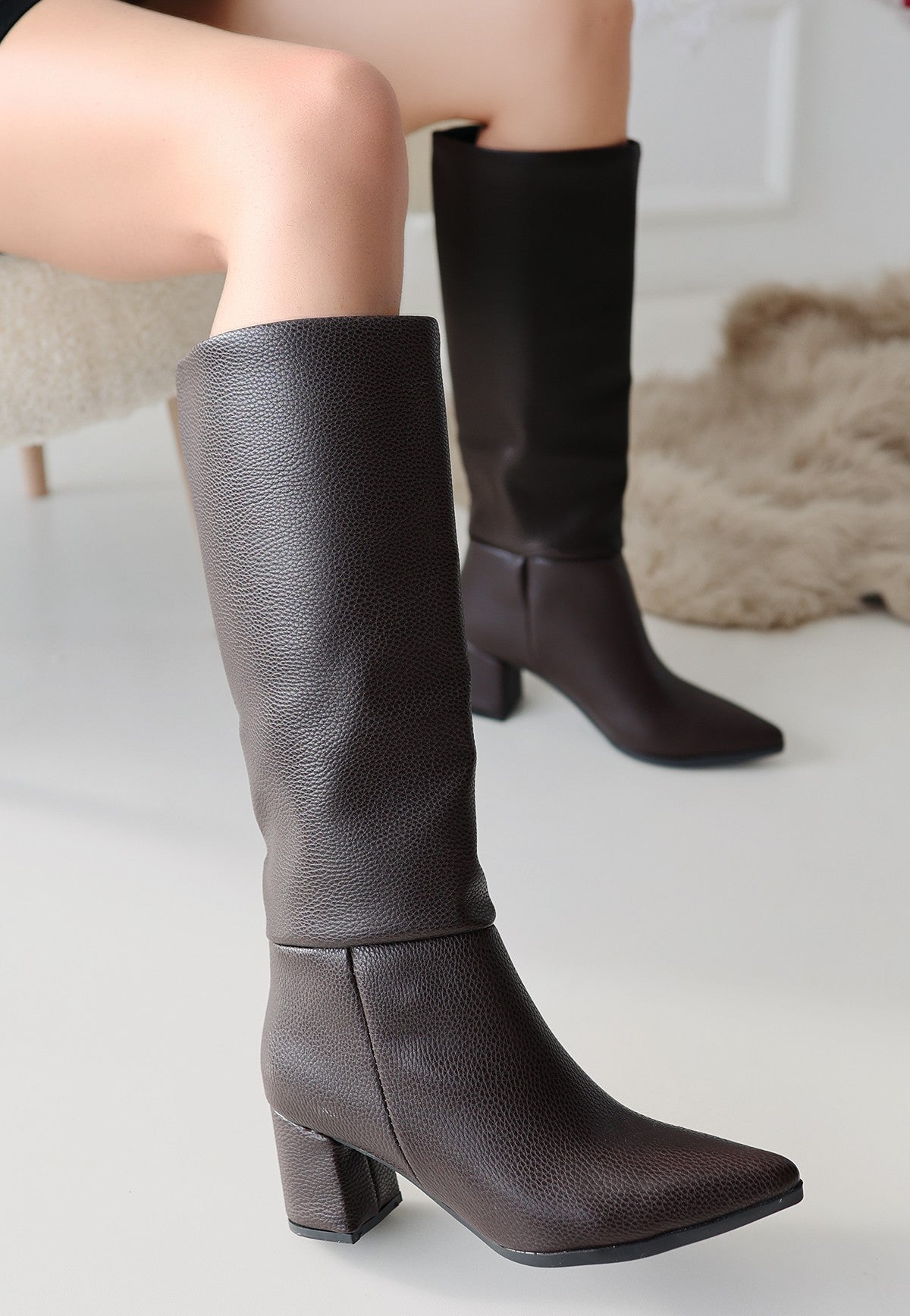 Women's Brown Leather High Heel Boots - STREETMODE ™