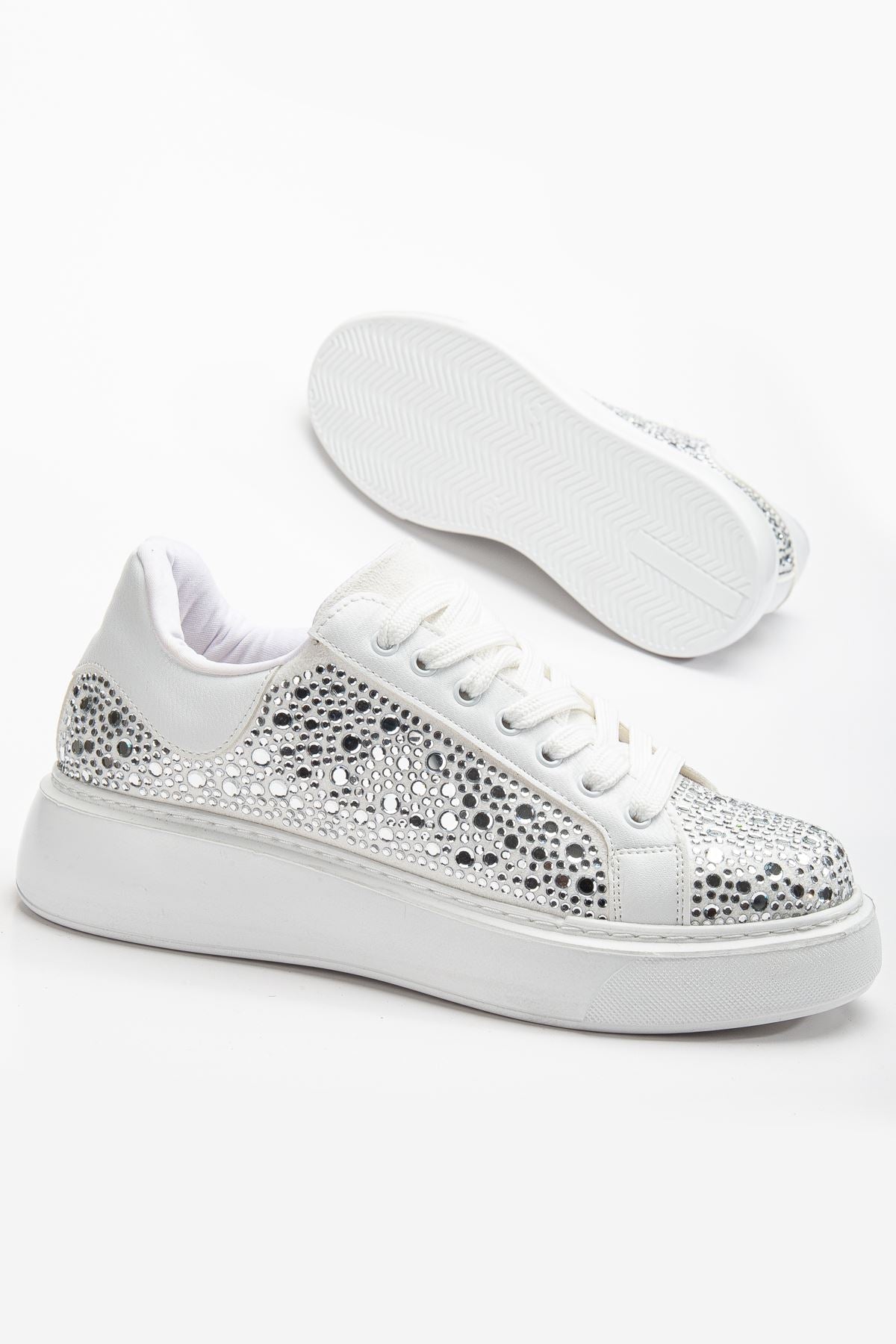 Women's White Leather Stoned Sneakers