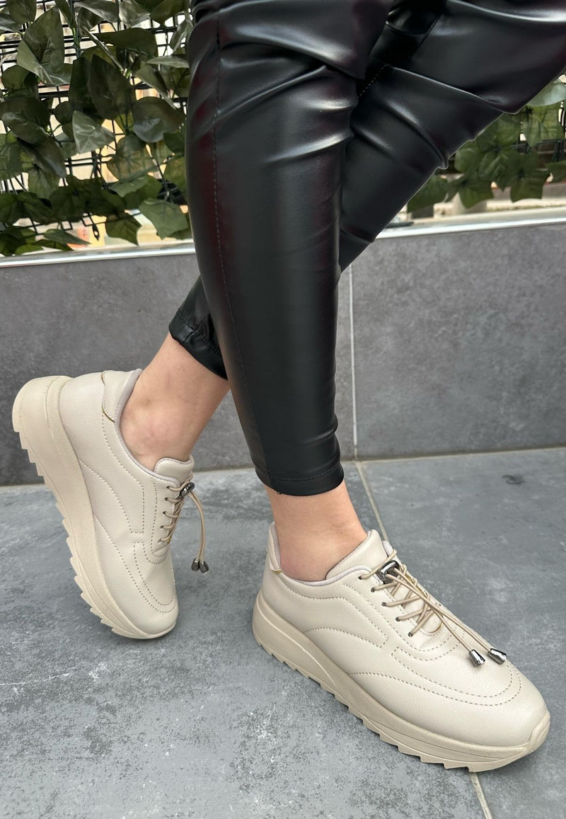 Women's Beige Leather Lace-Up Sneakers Shoes - STREETMODE ™