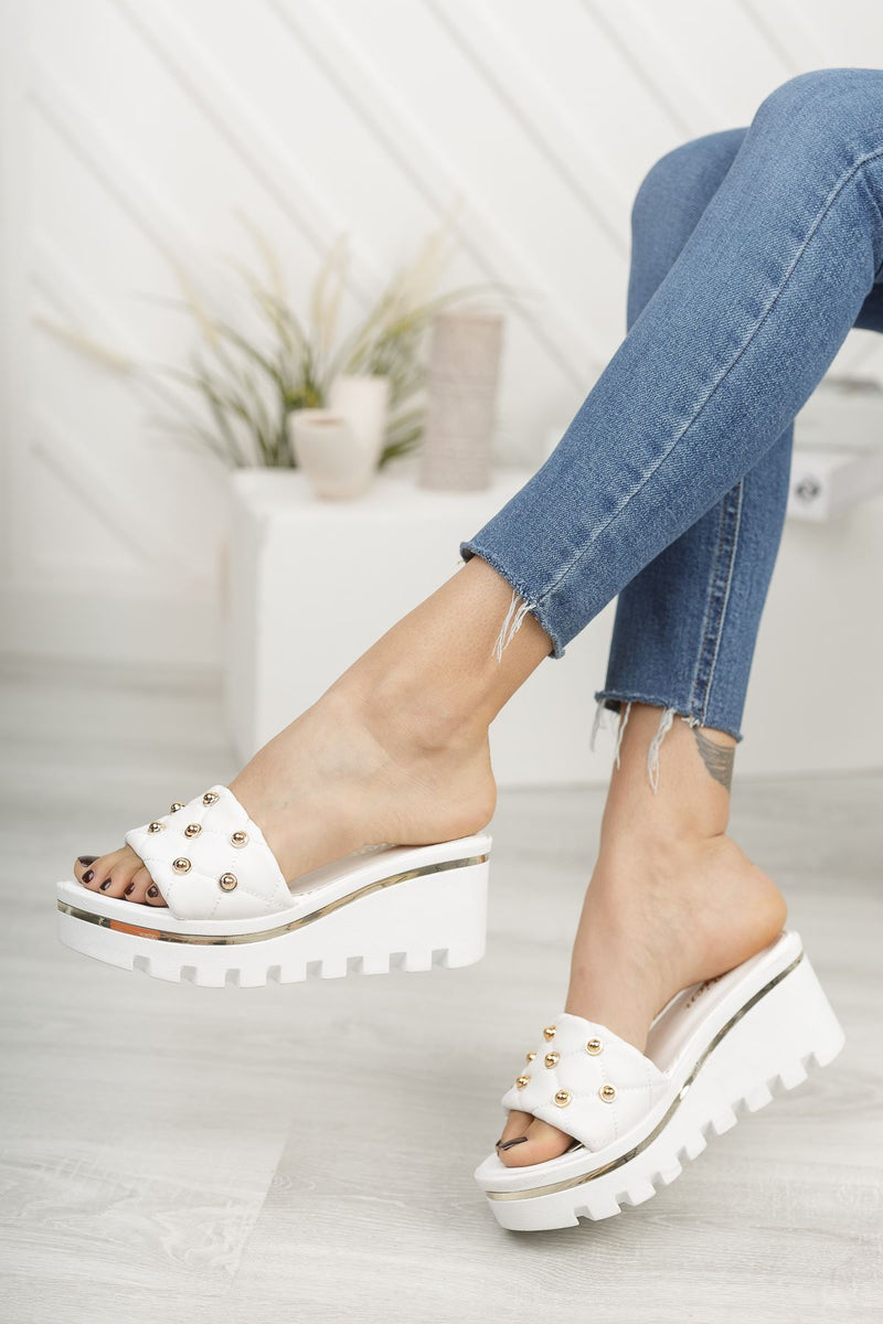 White Luxury Stone High Heel Comfortable Women's Slippers - STREETMODE ™