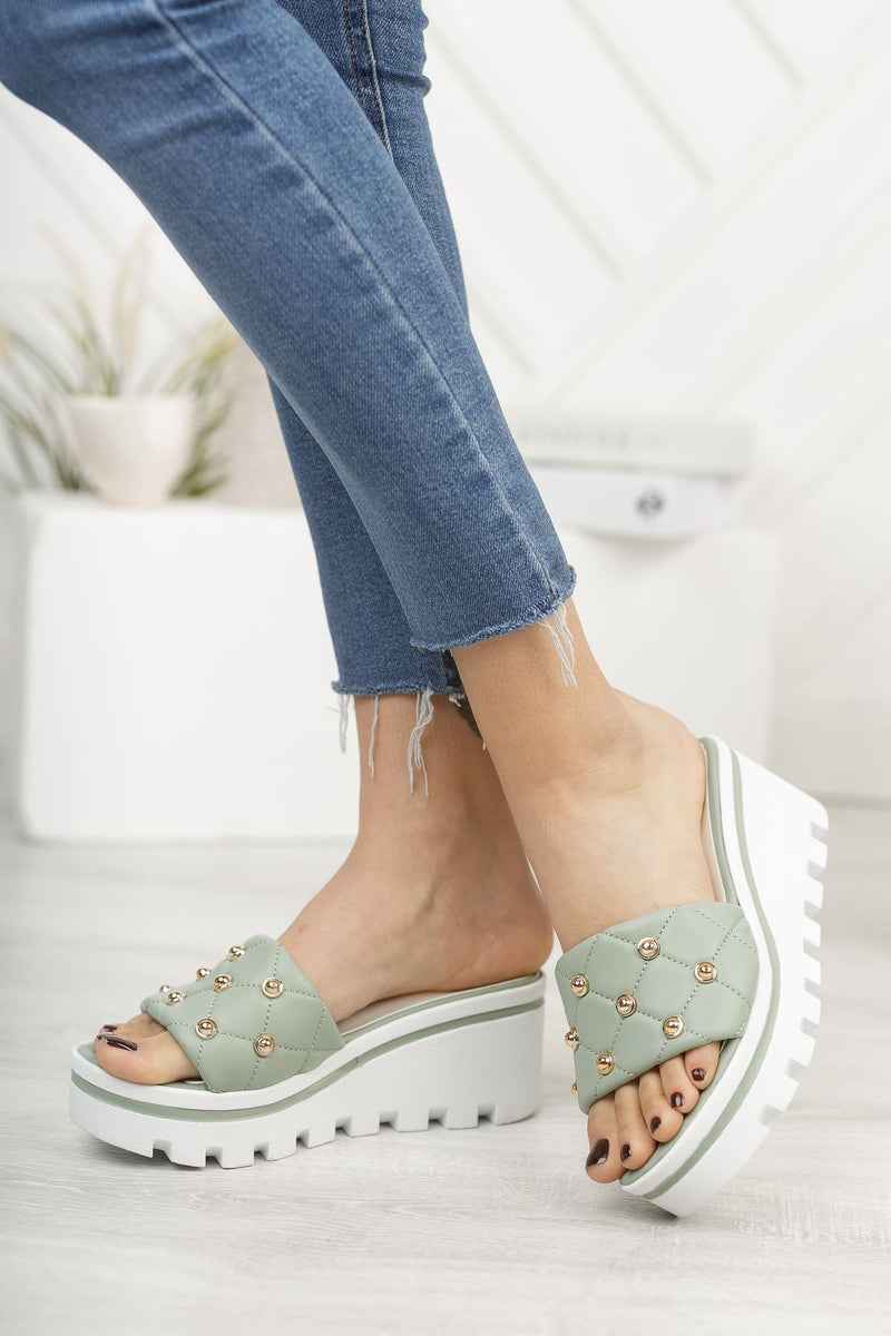 Mint Green Luxury Stone High Heel Comfortable Women's Slippers - STREETMODE ™
