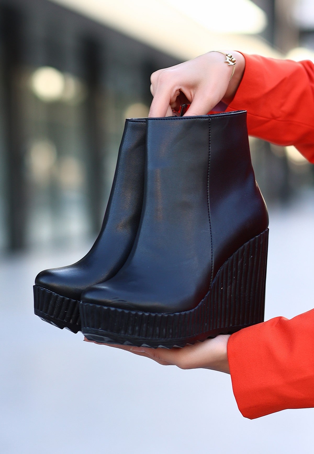 Women's Black Leather Wedge Heel Boots - STREETMODE ™