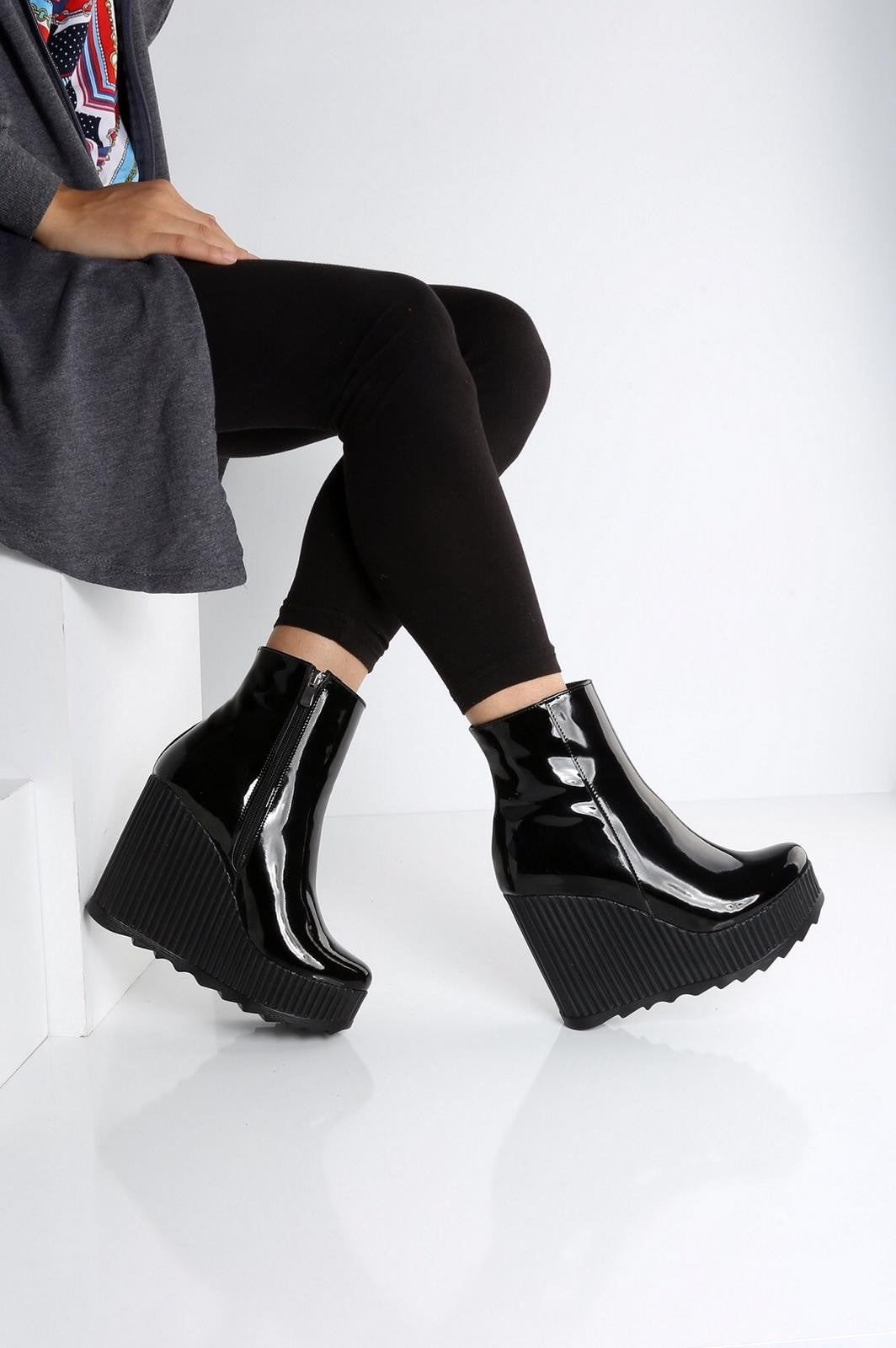 Women's Black Patent Leather Wedge Heel Boots - STREETMODE ™