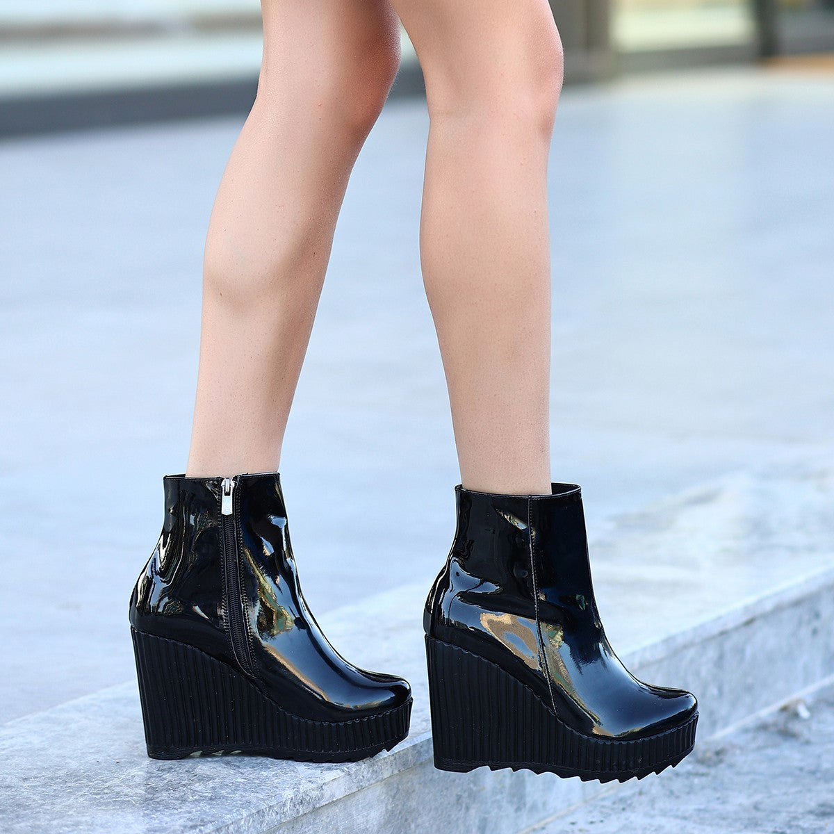 Women's Black Patent Leather Wedge Heel Boots - STREETMODE ™