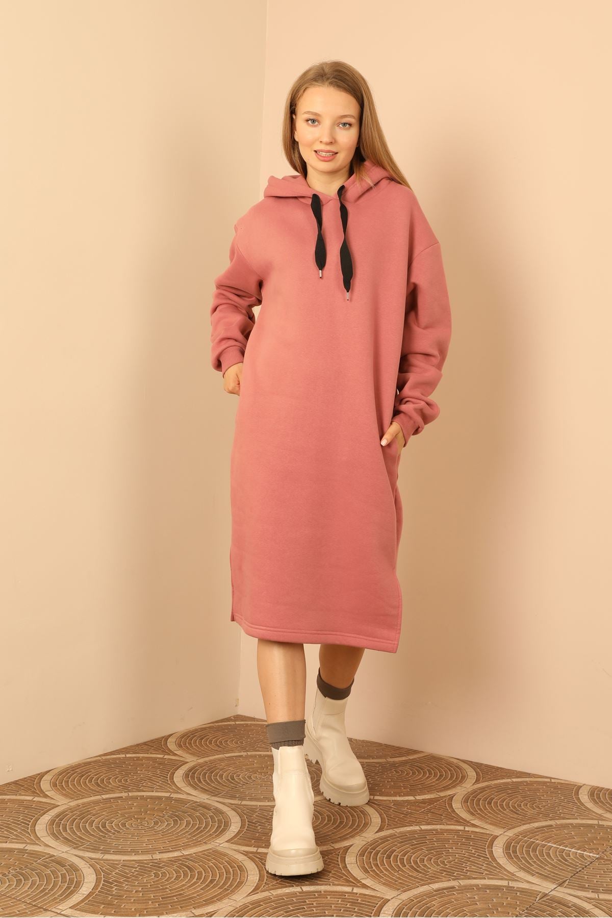 Raised 3 Thread Fabric Hooded Women's Dress-Dried Rose - STREETMODE ™