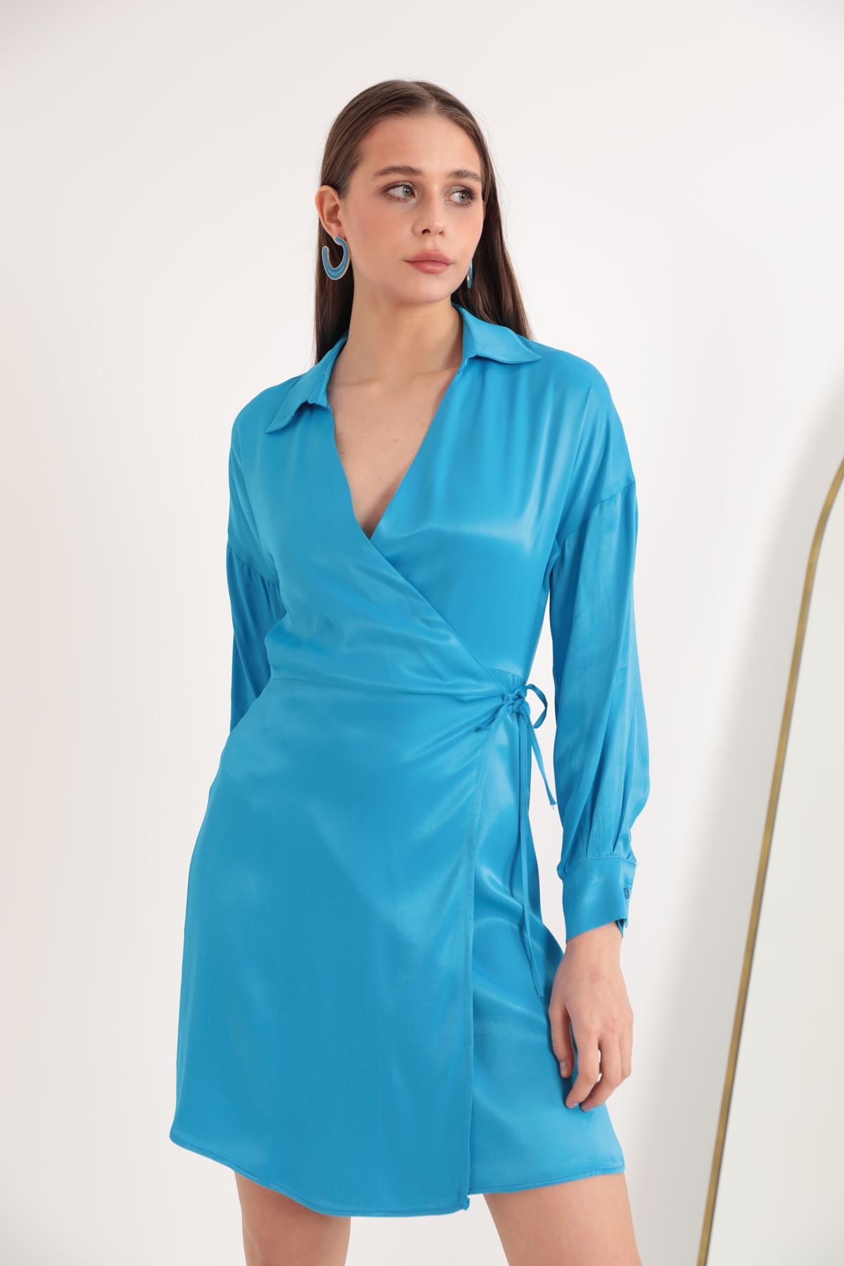 Satin Fabric Wrap Tie Detail Women's Dress-Blue - STREETMODE ™