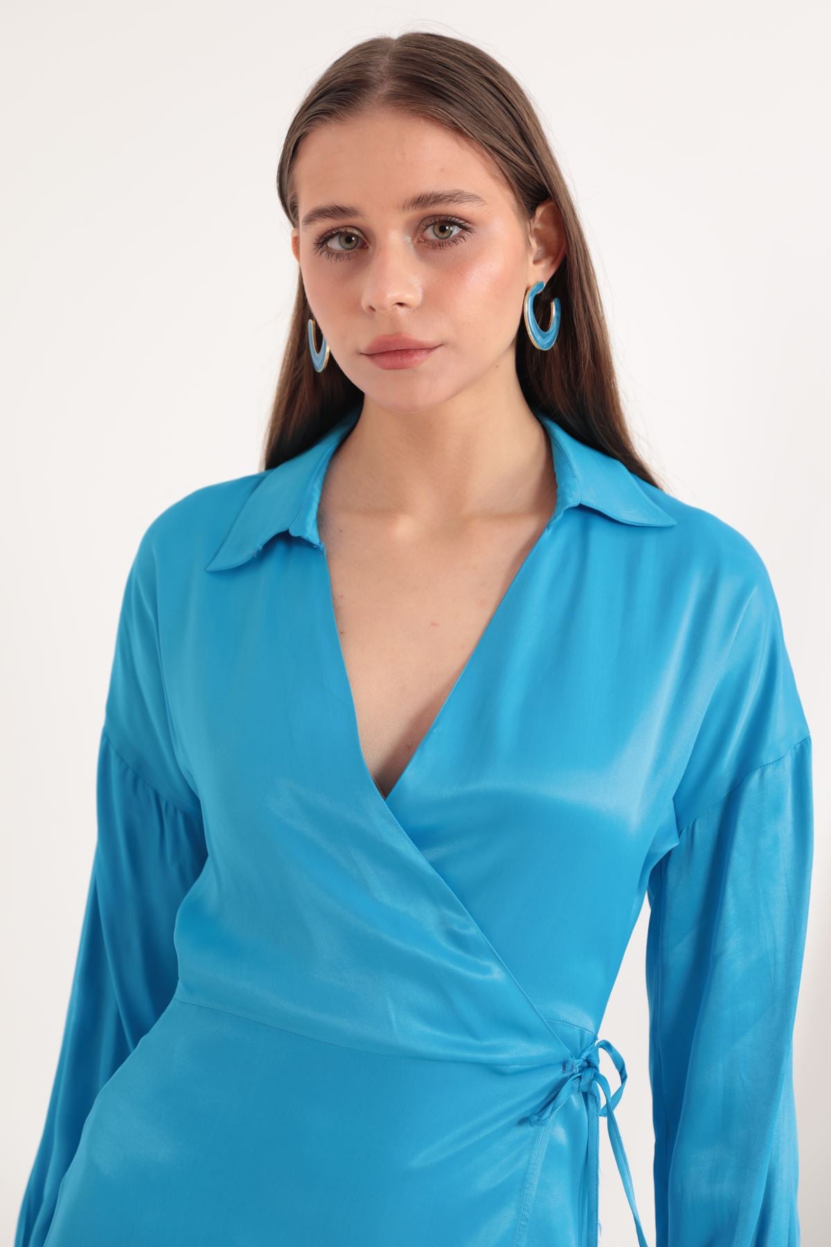 Satin Fabric Wrap Tie Detail Women's Dress-Blue - STREETMODE ™