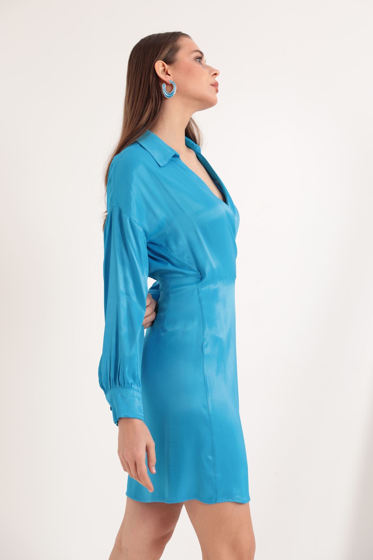 Satin Fabric Wrap Tie Detail Women's Dress-Blue - STREETMODE ™