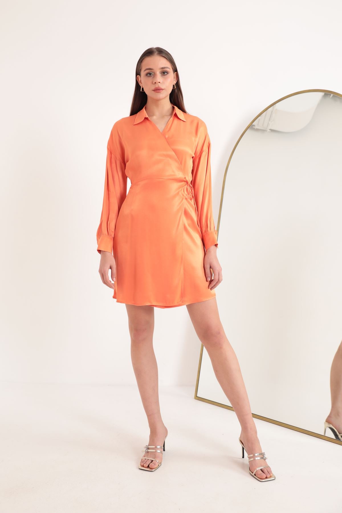 Satin Fabric Wrap Tie Detail Women's Dress-Orange - STREETMODE ™