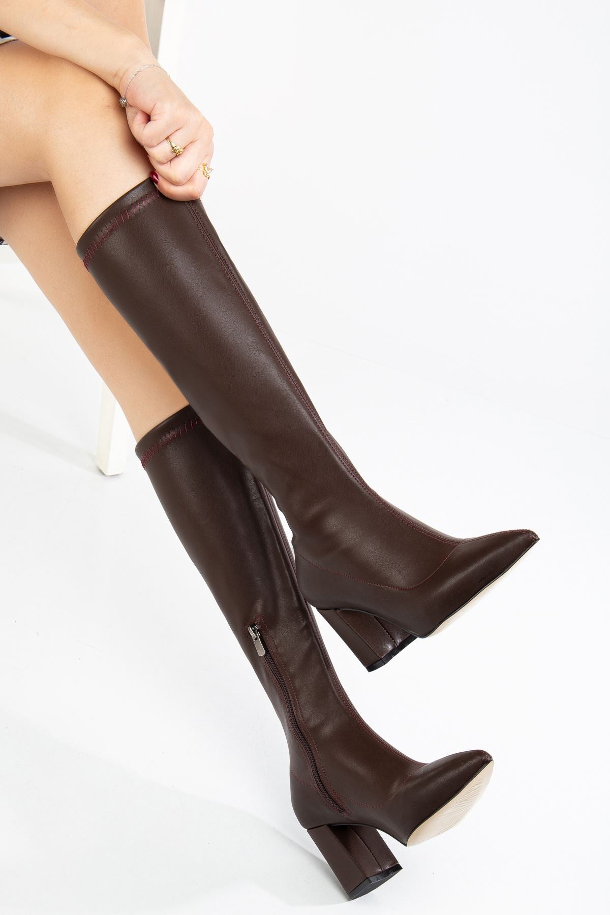 Women's Brown Leather Thick Heel Zipper Boots - STREETMODE ™