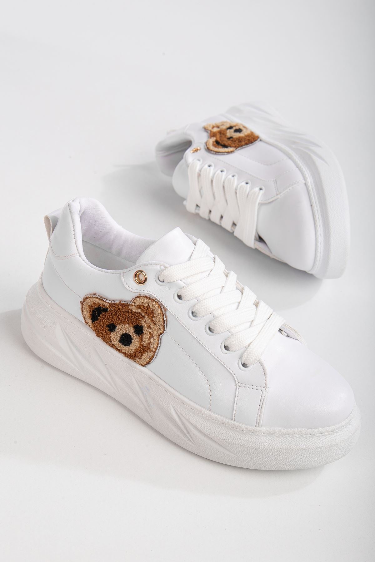 Women's Sianne White Thick Soled Sneakers with Teddy Bear Detail - STREETMODE ™