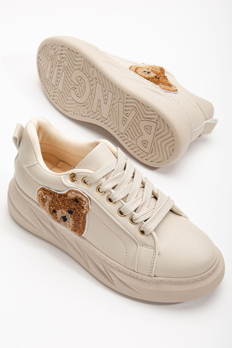 Women's Sianne Cream Thick Soled Sneakers with Teddy Bear Detail - STREETMODE ™
