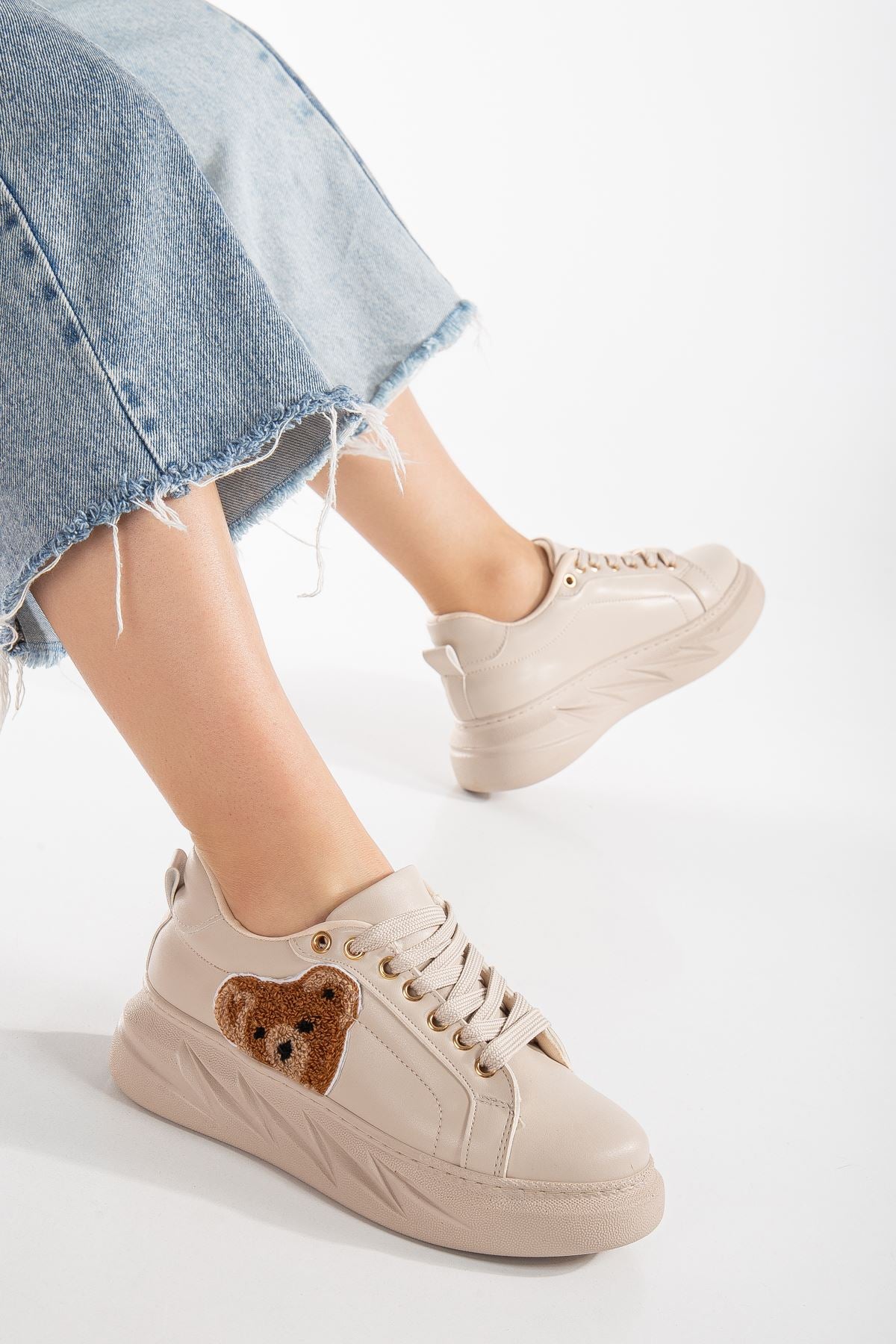 Women's Sianne Cream Thick Soled Sneakers with Teddy Bear Detail - STREETMODE ™