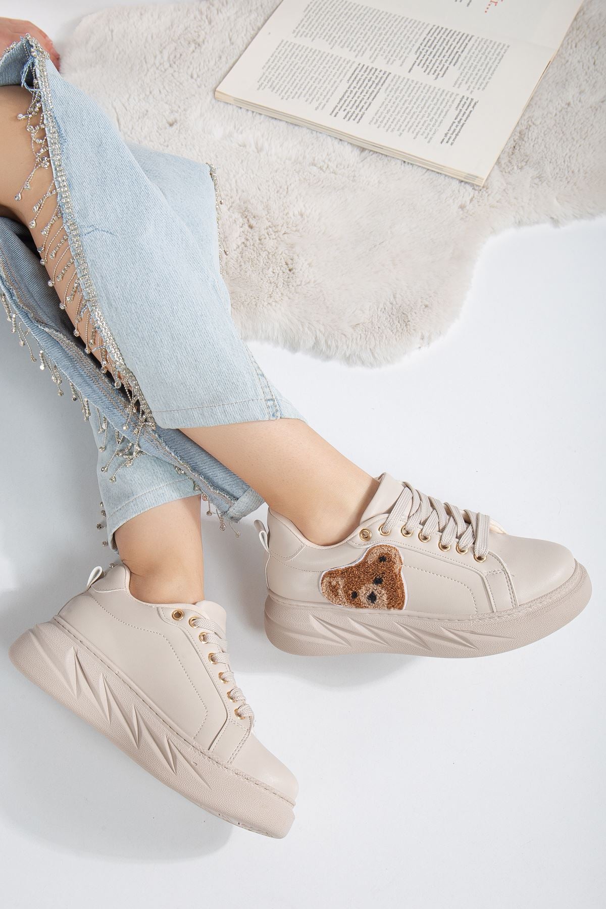 Women's Sianne Nude Thick Soled Sneakers with Teddy Bear Detail - STREETMODE ™