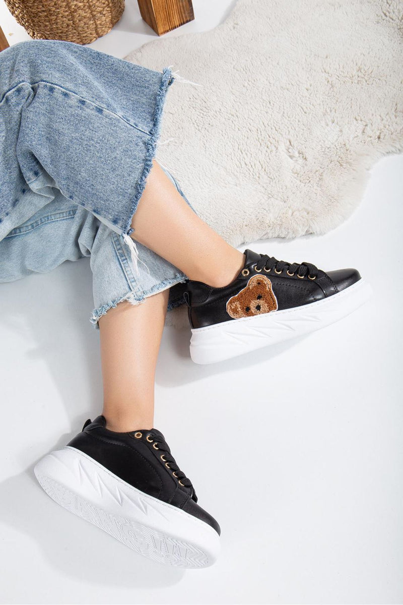 Women's Sianne Black Thick Soled Sneakers with Teddy Bear Detail - STREETMODE ™