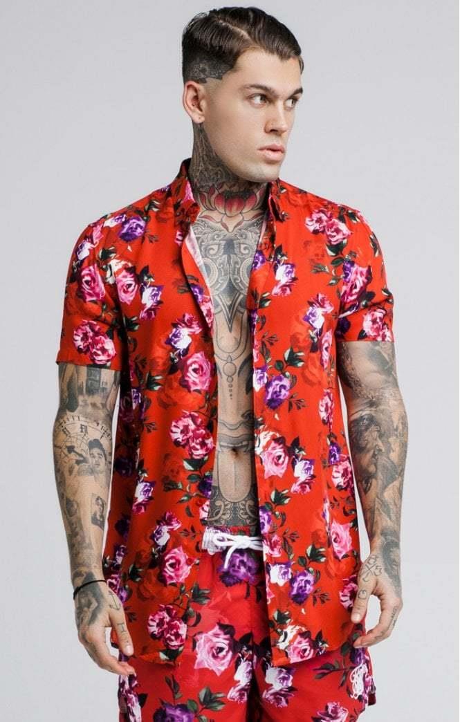 SikSilk Red All Over Rose Camisa para hombre 
