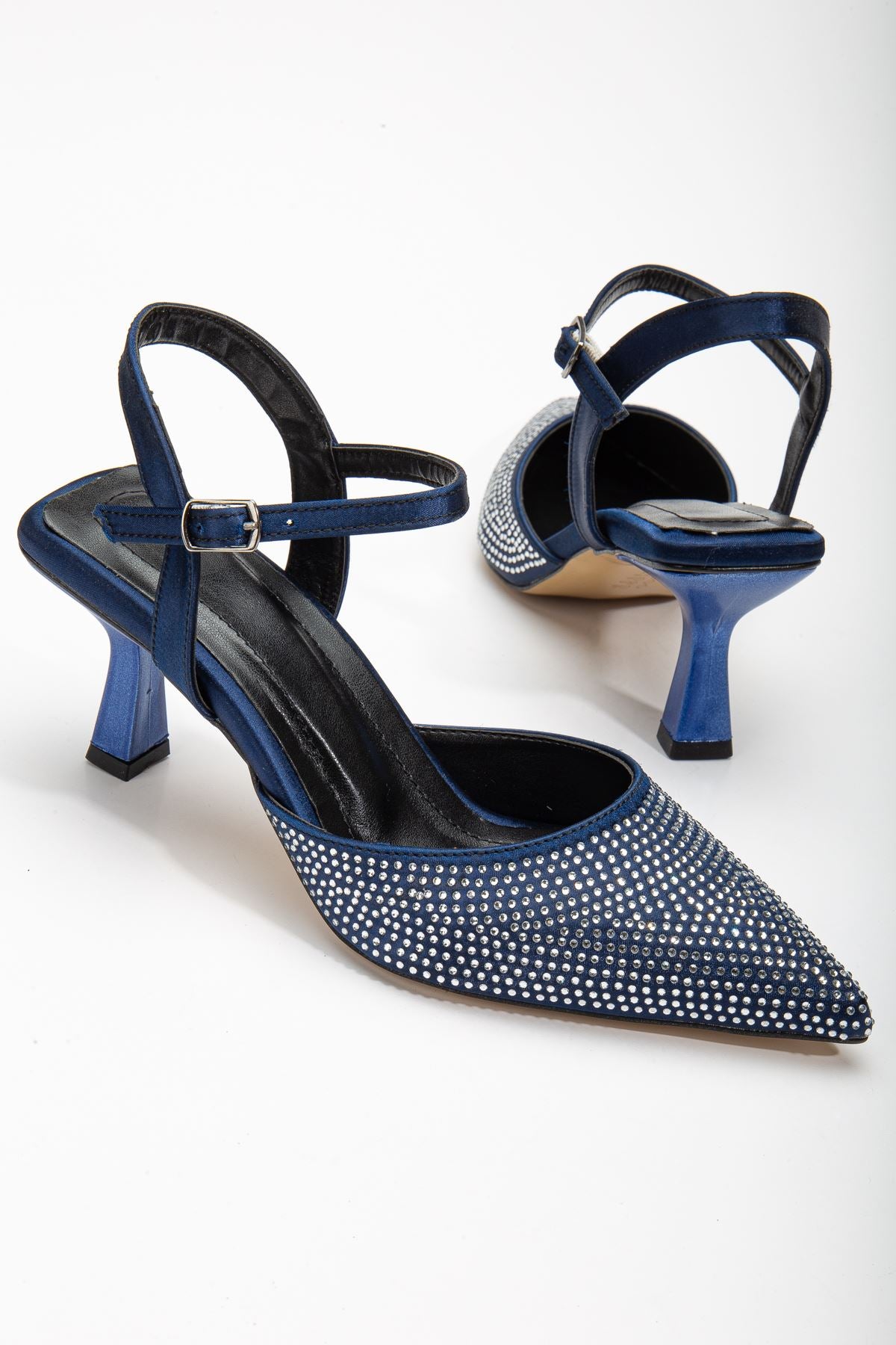 Sinda Navy Blue Satin Stone Detailed Thin Heeled Women's Shoes - STREETMODE ™