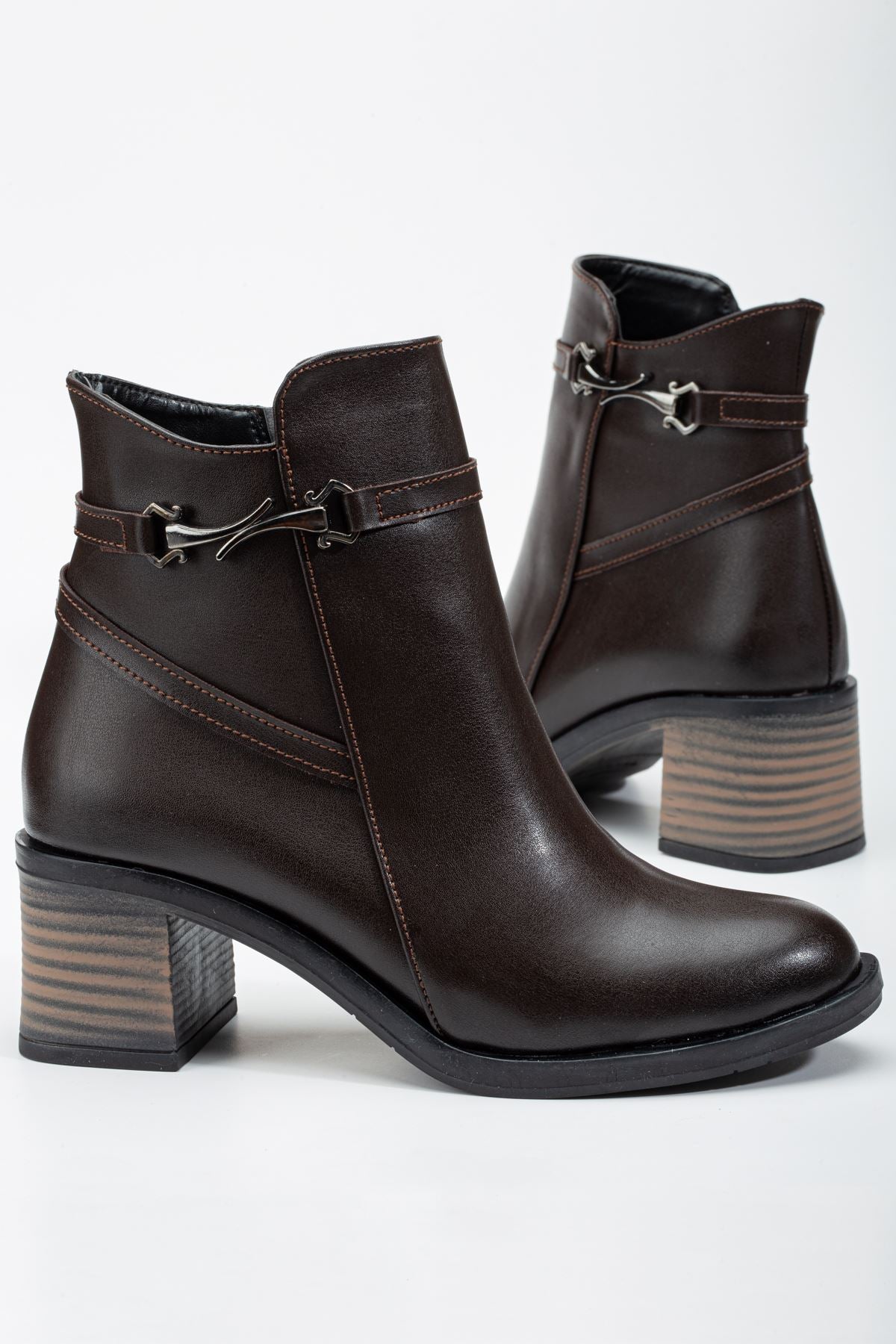 Heeled Bitter Brown Buckled Women's Boots