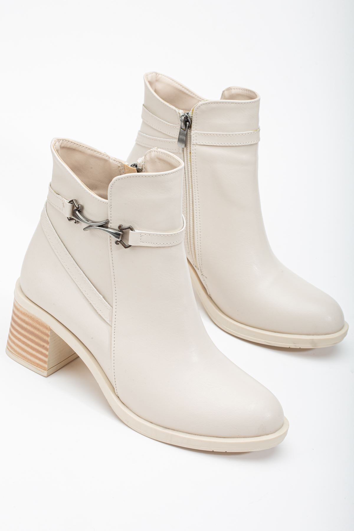 Beige Buckled Heeled Women's Boots