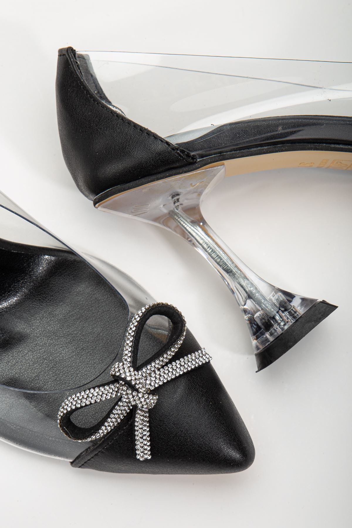 Women's Black Stiletto Stone Skin Transparent Heeled Shoes - STREETMODE ™