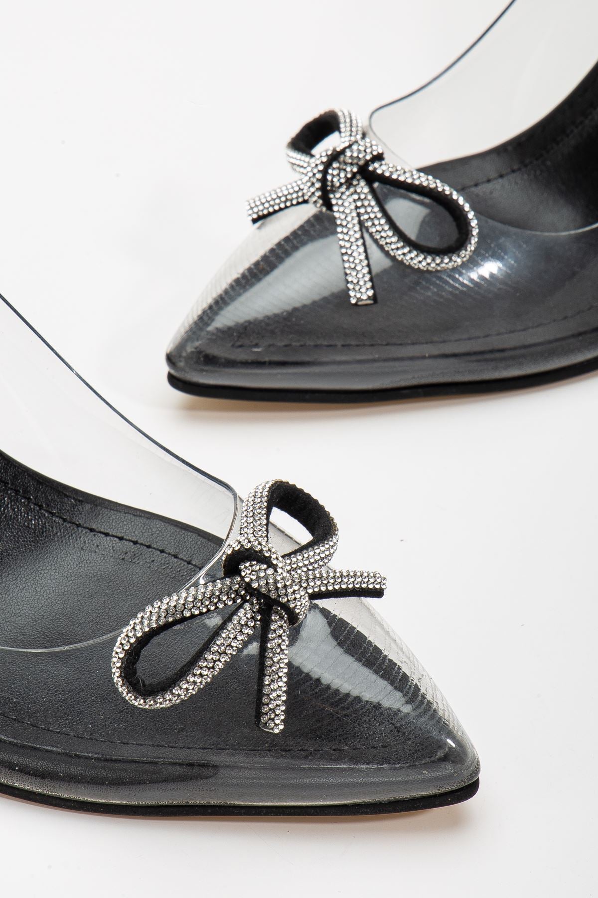 Women's Black Stiletto Stone Transparent Heeled Shoes - STREETMODE ™