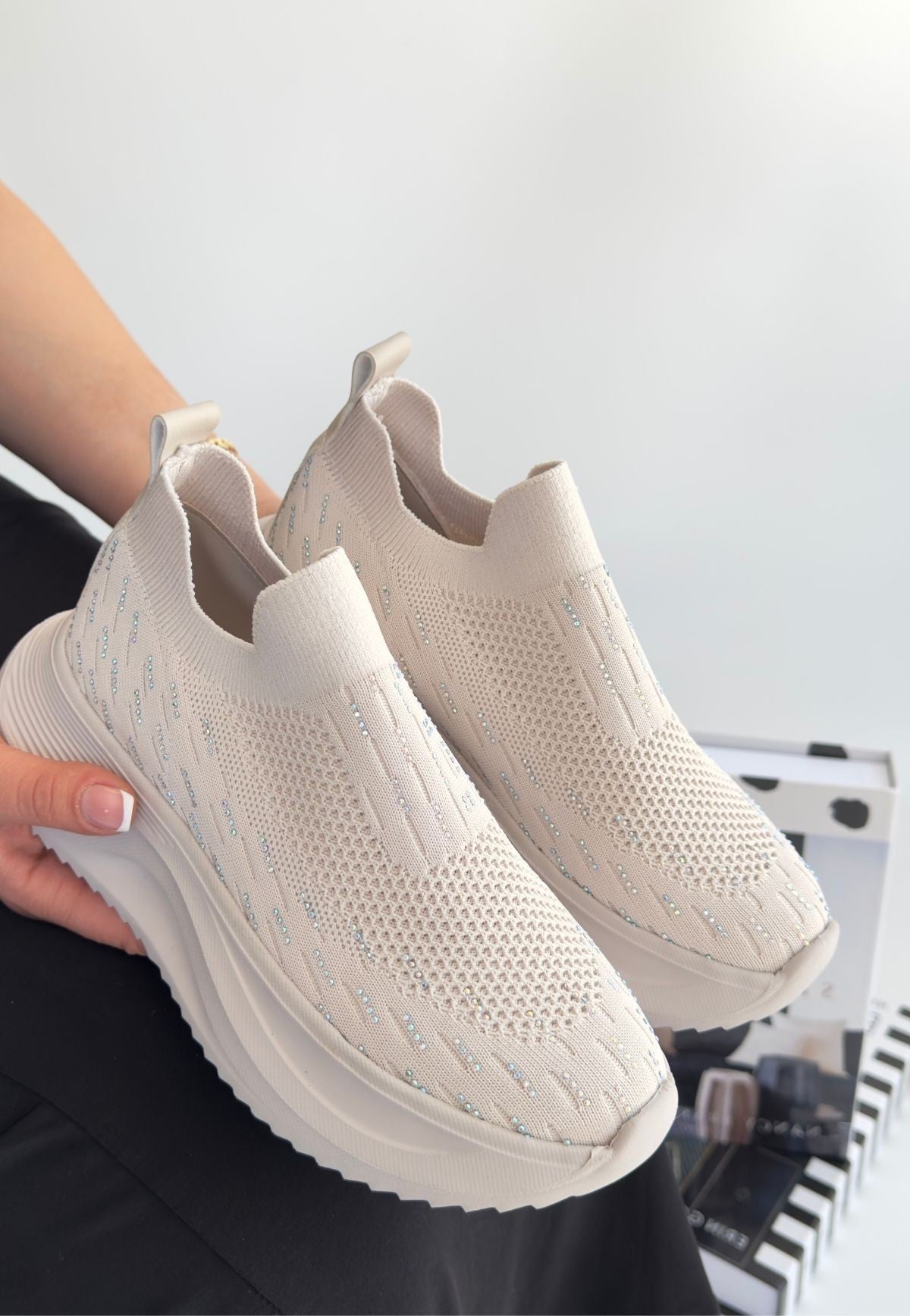 Women's Beige Knitted Beaded Sneakers - STREETMODE ™