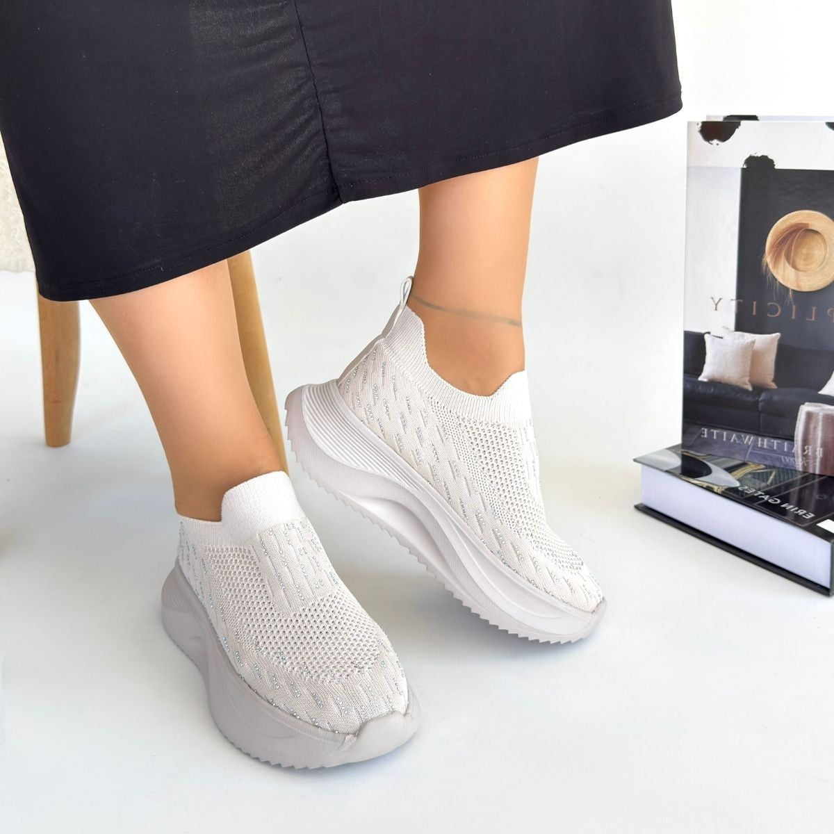Women's Beige Knitted Beaded Sneakers - STREETMODE ™