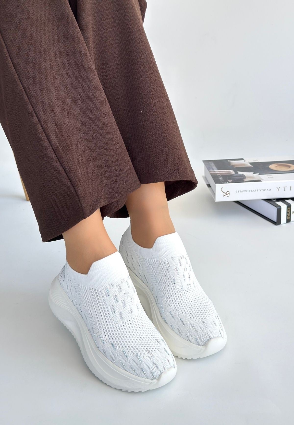 Women's White Knitted Beaded Sneakers - STREETMODE ™