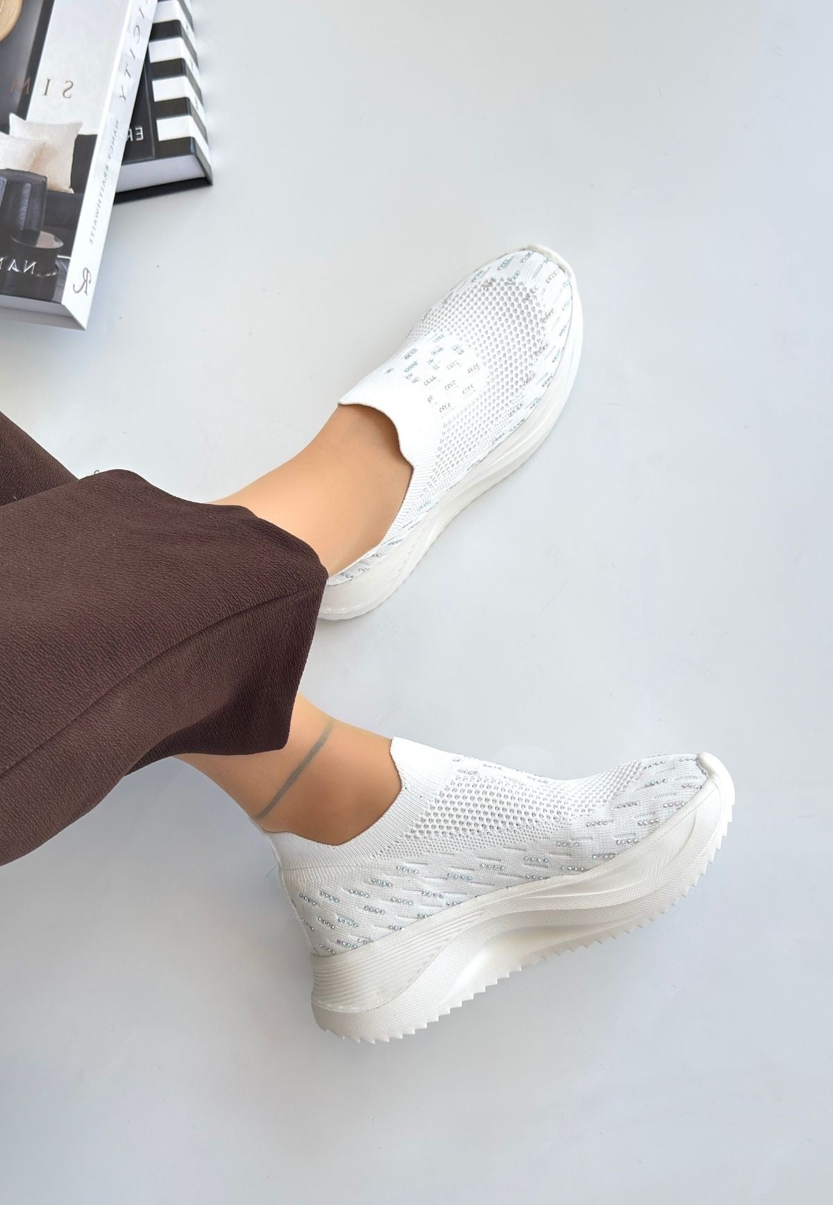 Women's White Knitted Beaded Sneakers - STREETMODE ™