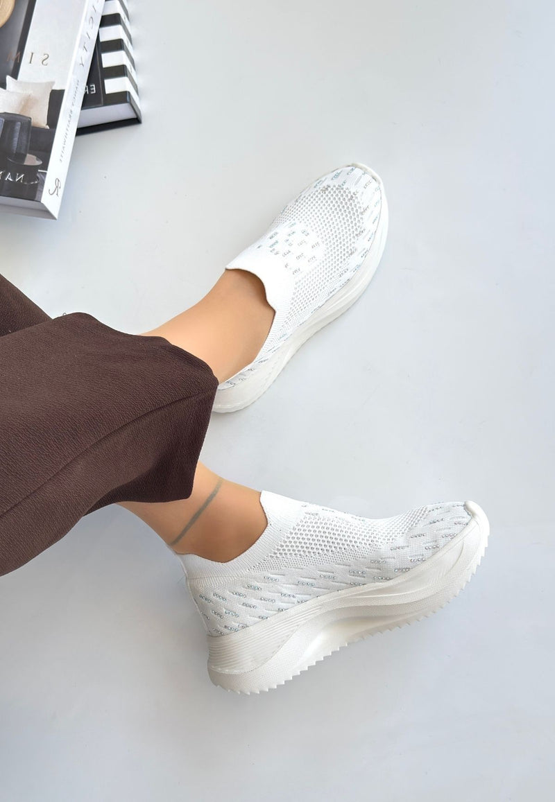 Women's White Knitted Beaded Sneakers - STREETMODE ™
