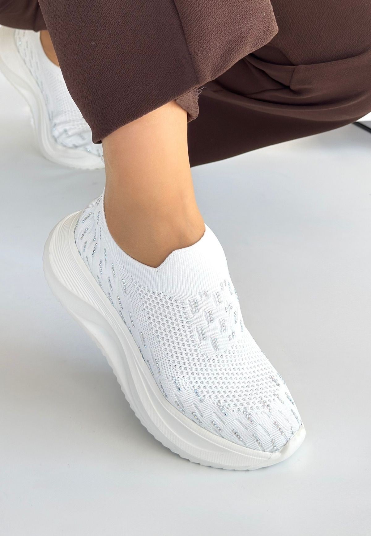 Women's White Knitted Beaded Sneakers - STREETMODE ™